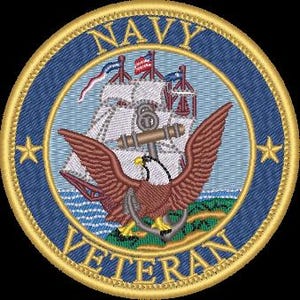 May include: Embroidered Navy Veteran patch with a detailed design. The patch features a central image of an eagle with outstretched wings, an anchor, and a sailing ship. The words "NAVY" and "VETERAN" are arched around the top and bottom of the patch.