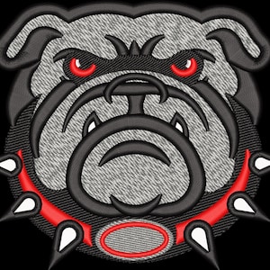 May include: Embroidered bulldog head with a gray textured face, black outline, and red eyes. The bulldog wears a red collar with white spikes. The design is on a black background, suitable for apparel or accessories.