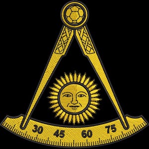 May include: Embroidered patch featuring a yellow Masonic symbol on a black background. The design includes a compass, a sun with a face, and a protractor with degree markings. The patch has a textured, stitched appearance.