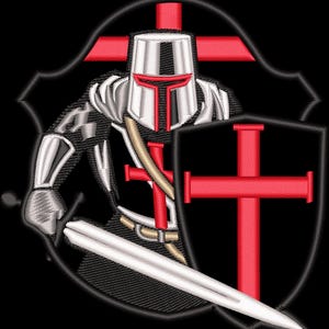 May include: A black and white knight in armor holding a sword and a shield with a red cross. The knight is standing in front of a red cross.