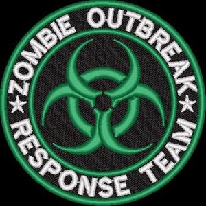 Puede incluir: Parche bordado con el texto "ZOMBIE OUTBREAK RESPONSE TEAM" en blanco, que rodea un símbolo de peligro biológico verde sobre un fondo negro. El parche tiene un borde verde y dos estrellas blancas.