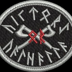 May include: Embroidered patch with a black background and a silver border. The design features silver axes crossed over each other, with red runes in the center and silver runes around the perimeter. The patch is oval-shaped.