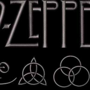 May include: The Led Zeppelin logo in silver against a black background. The band's name is at the top, with four symbols below. The symbols include the Zoso symbol, a knot, three interlocking circles, and a feather.