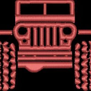 May include: Red embroidered design of a Jeep, viewed from the front. The Jeep has a detailed grill, headlights, and large, textured tires. The design is set against a black background, highlighting the vehicle's features.