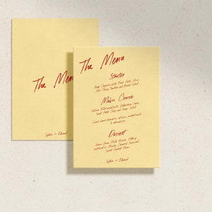 Modello di menu per matrimonio moderno, stile retrò, luminoso, colorato, stravagante, vintage, scritto a mano, stampabile, download digitale / DEMURE