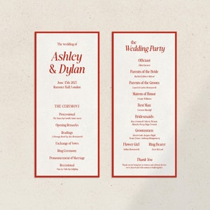 Pode incluir: Um programa de cerimónia de casamento com uma borda vermelha. O programa lista o casamento de Ashley & Dylan, a data, o local e a ordem dos eventos da cerimónia. A segunda página lista a festa de casamento, incluindo o celebrante, os pais da noiva e do noivo, a madrinha de honra, o padrinho de honra, as damas de honor, os padrinhos de honra, a menina das flores e o portador das alianças.