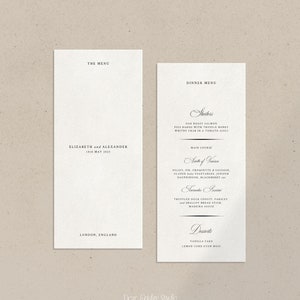 Modelo de menu de casamento clássico, papelaria de caligrafia com script chique vintage moderno, luxo elegante, download digital editável para impressão, REMI