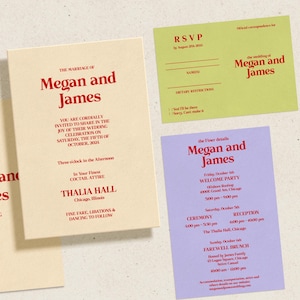 Retro-Hochzeitseinladungsvorlage, helle bunte mutige moderne Schreibwaren-Hochzeit einladen, redaktionell bearbeitbarer druckbarer digitaler Download, RAD