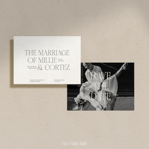 May include: Save the date card with a black and white photo of a couple dancing. The text "Save the Date" is in white lettering on the photo. The card also includes the text "The Marriage of Millie & Cortez" with the date "Second of August, Two Thousand Twenty Four".