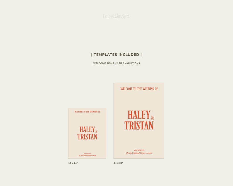 May include: Two printable wedding welcome signs with the text "Welcome to the wedding of Haley & Tristan" in red text on a cream background. The signs are available in two sizes: 18 x 24 inches and 24 x 36 inches.