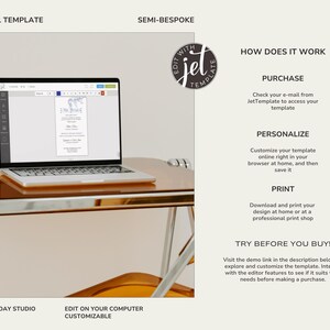 May include: A laptop computer displaying a wedding invitation template on the screen. The laptop is on a brown table. The image also includes text describing how to purchase, personalize, and print the template.