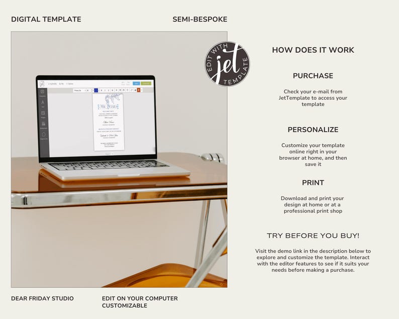 May include: A laptop computer displaying a wedding invitation template on the screen. The laptop is on a brown table. The image also includes text describing how to purchase, personalize, and print the template.