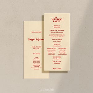 Może przedstawiać: Program ceremonii ślubnej z imionami Megan & James i datą 5 października 2025 roku. Program zawiera listę urzędnika, rodziców panny młodej i pana młodego, druhny, świadka, druhen, świadków, dziewczynki z kwiatami i obrączkowego.