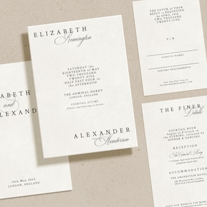 Op de afbeelding: Huwelijksuitnodigingsset met zwarte tekst op wit papier. De uitnodiging bevat de namen Elizabeth Remington en Alexander Henderson, de datum zaterdag 18 mei 2025 en de tijd 16:30 uur. De locatie is The Admiral Hardy in Londen, Engeland. De uitnodiging bevat ook de dresscode, cocktailkleding. De RSVP-kaart bevat de datum 18 april 2025. De detailkaart bevat informatie over de cocktailtijd, de receptie en de accommodatie.
