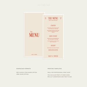 Może przedstawiać: Drukowany szablon menu weselnego z kremowym tłem i czerwonym tekstem. Menu nosi tytuł "The Menu" i zawiera sekcje na przystawkę, danie gł&oacute;wne i deser. Na dole menu znajdują się imiona "Haley & Tristan".