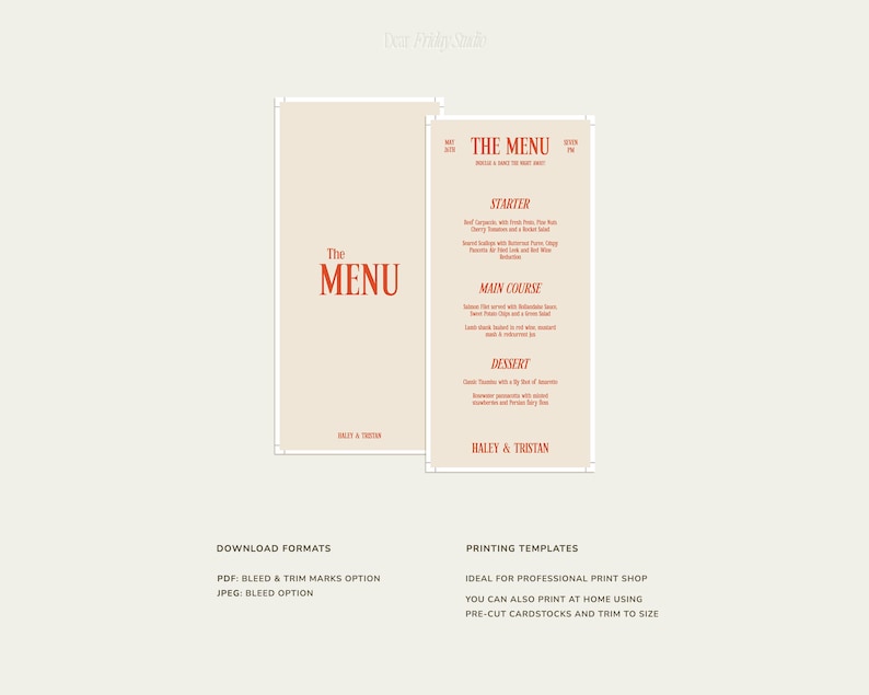 Może przedstawiać: Drukowany szablon menu weselnego z kremowym tłem i czerwonym tekstem. Menu nosi tytuł "The Menu" i zawiera sekcje na przystawkę, danie gł&oacute;wne i deser. Na dole menu znajdują się imiona "Haley & Tristan".