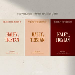 May include: Three wedding announcement cards with the text "Welcome to the wedding of Haley & Tristan" in red and orange text on a white, peach, and burgundy background.