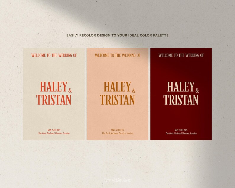May include: Three wedding announcement cards with the text "Welcome to the wedding of Haley & Tristan" in red and orange text on a white, peach, and burgundy background.