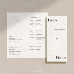 Modernes Hochzeitsprogramm Vorlage, minimalistisches helles buntes mutiges frisches cooles Retro-Briefpapier, gefaltet druckbarer digitaler Download, RUE