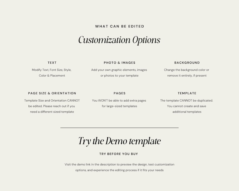 May include: A graphic showing customization options for a template. The text says "What can be edited?" and "Customization Options". The options include text, photo & images, background, page size & orientation, pages, and template.