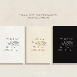 May include: Three wedding welcome signs with the text "Welcome to our Wedding Millie & Cortez" in a modern font. The signs are in white, cream, and black.