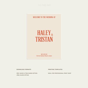May include: A wedding invitation template with a peach background and red text. The text reads "Welcome to the wedding of Haley & Tristan" and includes the date and location of the wedding. The template also includes information about download formats and printing templates.