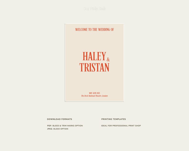 May include: A wedding invitation template with a peach background and red text. The text reads "Welcome to the wedding of Haley & Tristan" and includes the date and location of the wedding. The template also includes information about download formats and printing templates.