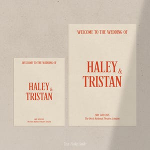 May include: Two cream-colored wedding announcement cards with red text. The top card says "Welcome to the wedding of Haley & Tristan" and the bottom card says "May 26th 2025 The Deck National Theatre, London".