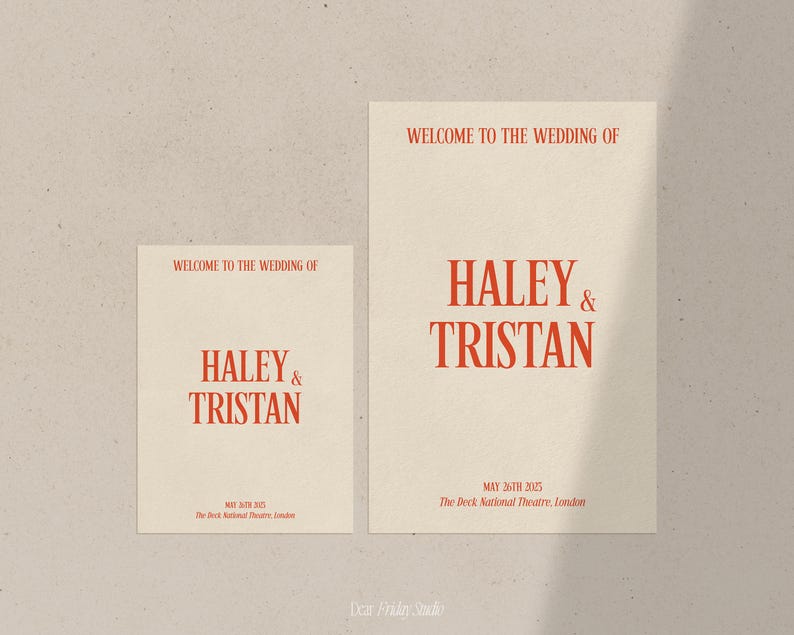 May include: Two cream-colored wedding announcement cards with red text. The top card says "Welcome to the wedding of Haley & Tristan" and the bottom card says "May 26th 2025 The Deck National Theatre, London".