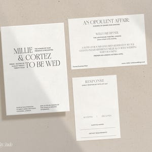 May include: Wedding invitation suite with a minimalist design. The invitation features the names Millie & Cortez and the date Friday, Second of August Twenty-Four. The RSVP card includes the text "Response" and "Kindly respond by Fifth of July".
