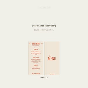 Może przedstawiać: Szablon menu dwustronnego z pionowym układem. Strona przednia zawiera tekst "The Menu" pogrubioną czcionką w kolorze pomarańczowym. Strona tylna zawiera tekst "The Menu" mniejszą czcionką w kolorze pomarańczowym. Menu ma wymiary 10,16 x 22,86 cm.