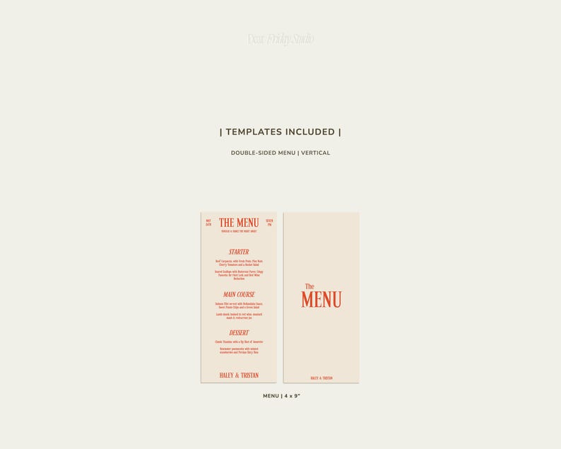 Może przedstawiać: Szablon menu dwustronnego z pionowym układem. Strona przednia zawiera tekst "The Menu" pogrubioną czcionką w kolorze pomarańczowym. Strona tylna zawiera tekst "The Menu" mniejszą czcionką w kolorze pomarańczowym. Menu ma wymiary 10,16 x 22,86 cm.