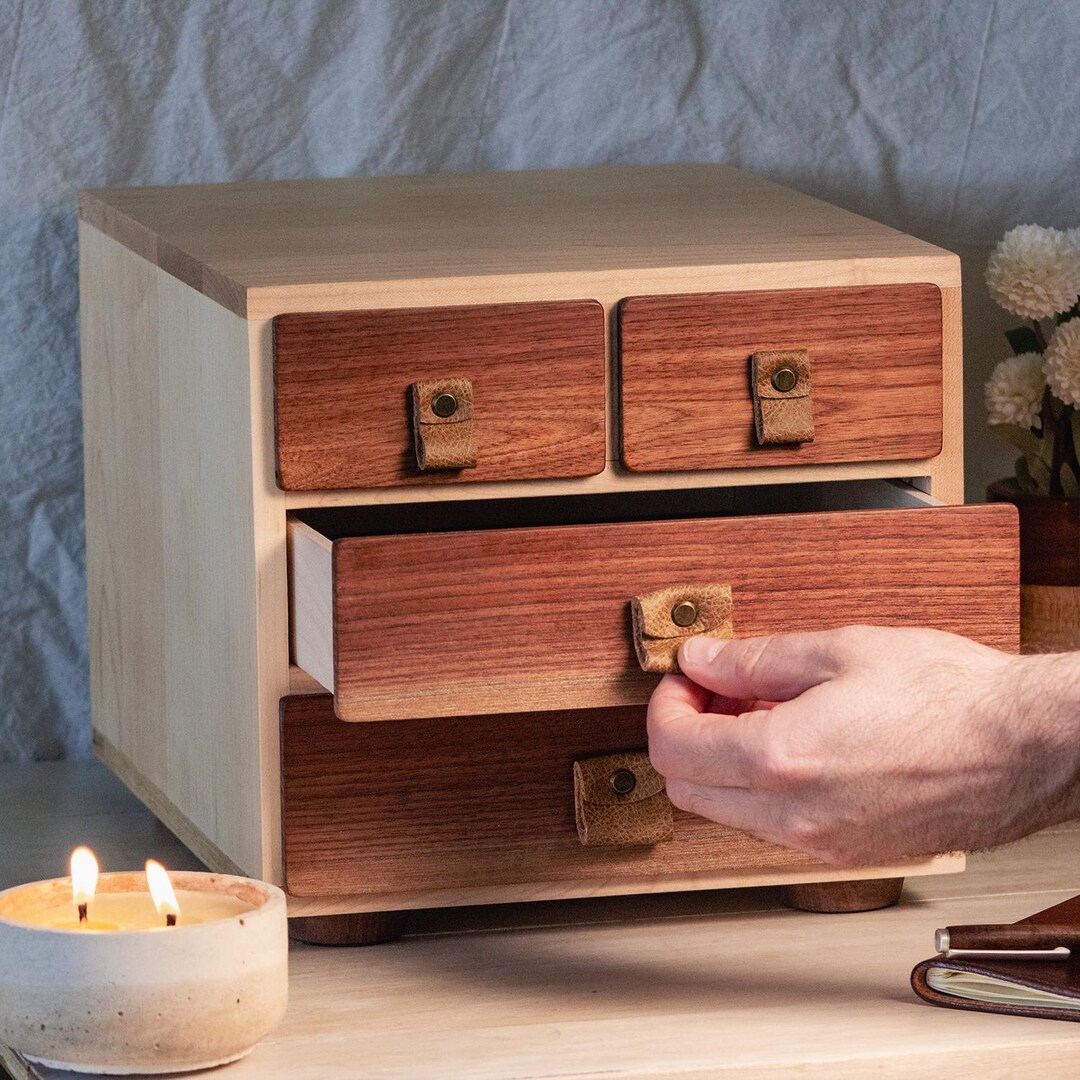 Wood Desk Organizer With 4 Drawers | Hardwood and Leather Desk Storage ...