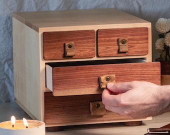 Wood Desk Organizer with 4 Drawers | Hardwood and Leather Desk Storage