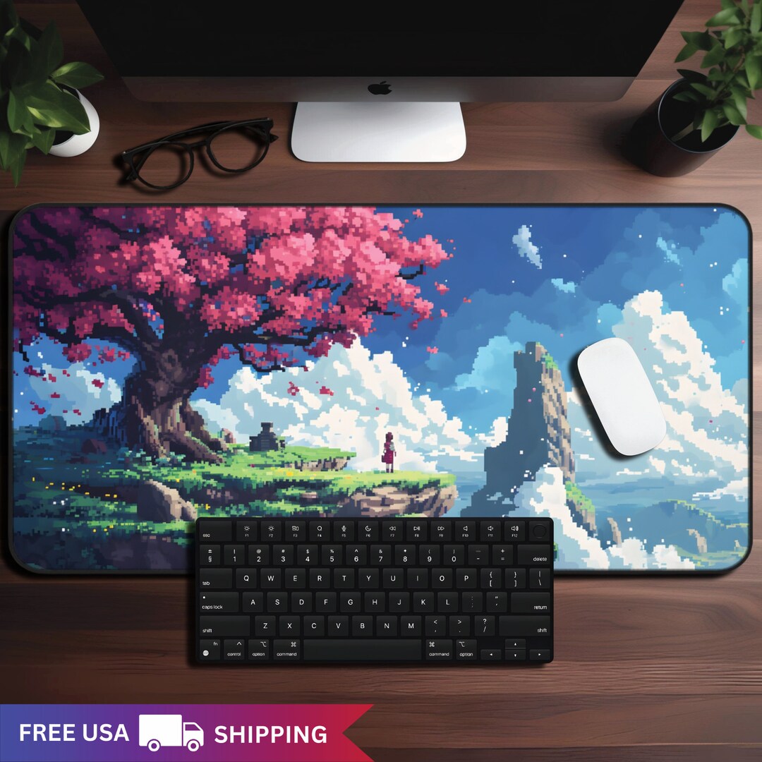 16bit Pixel Art Desk Mat, Kawaii Fantasy Cherry Tree Mouse Pad Gift