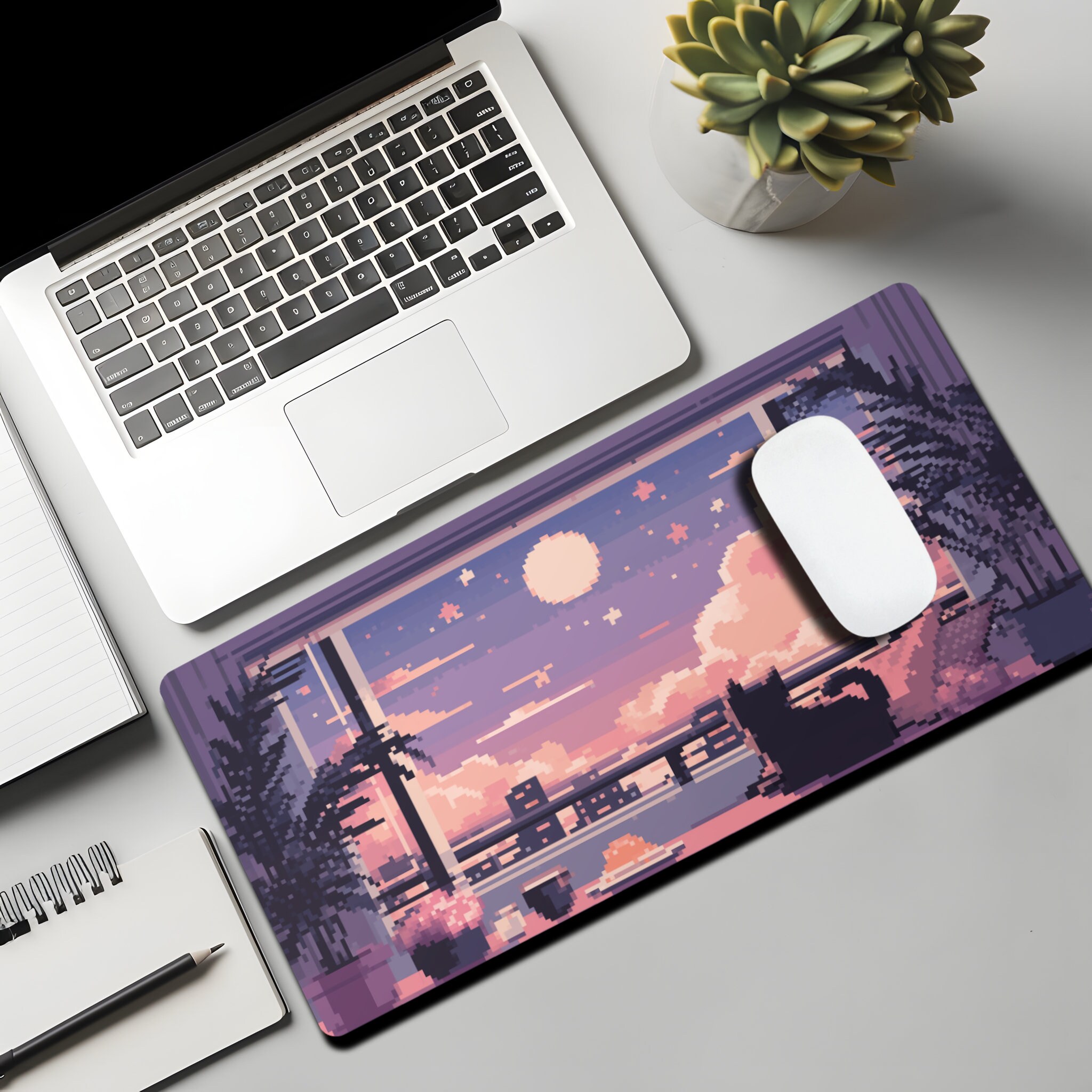 Cute Pixel Art Desk Mat, Xxl Kawaii Mousepad Gift for Cat Lovers
