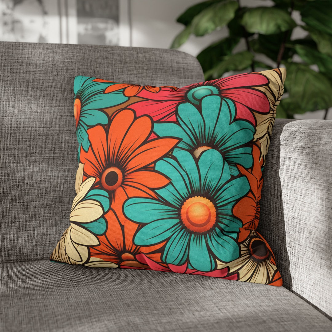 Retro Flowers Pillow 70s Vintage Accent Square Pillow Indoor