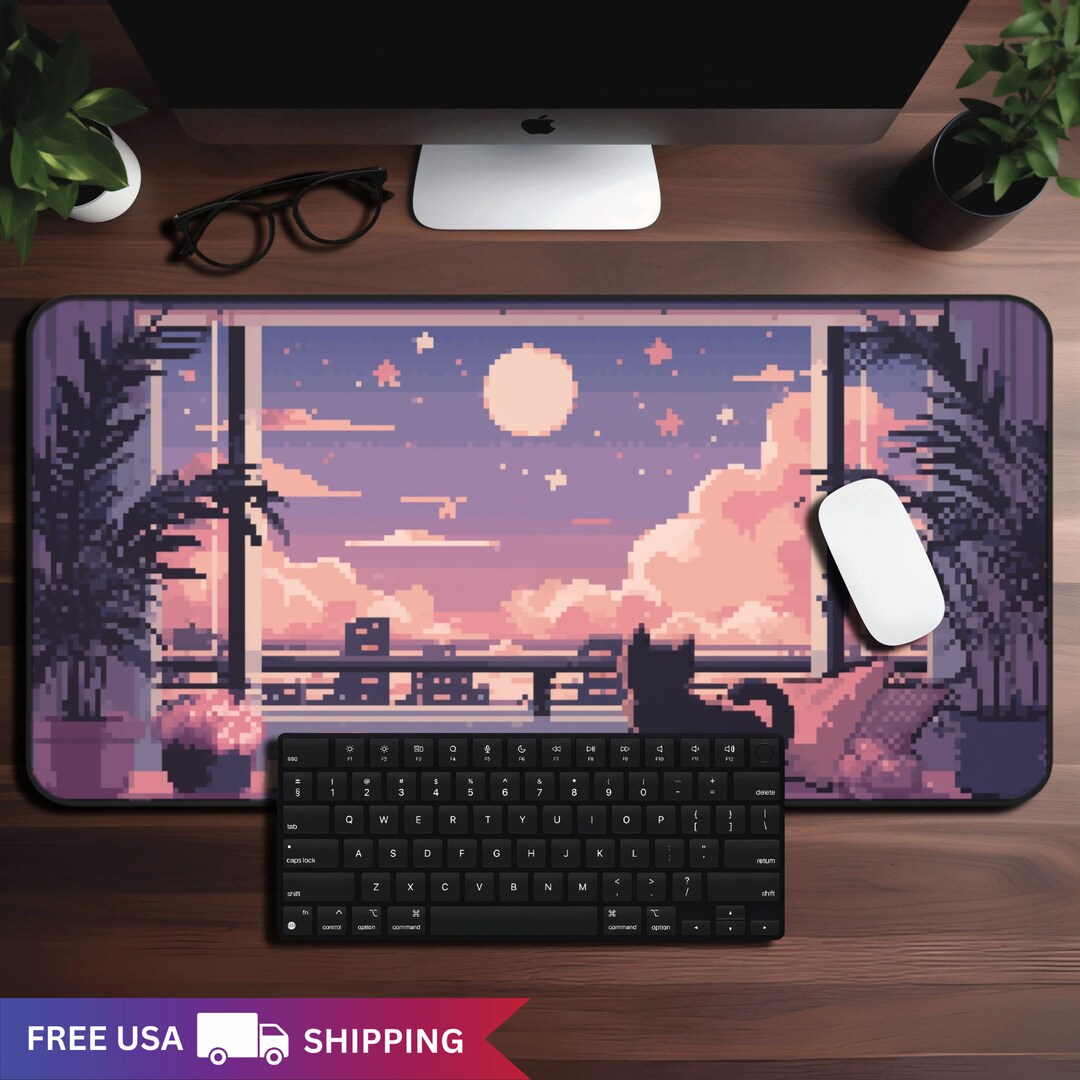 Cute Pixel Art Desk Mat, Xxl Kawaii Mousepad Gift for Cat Lovers