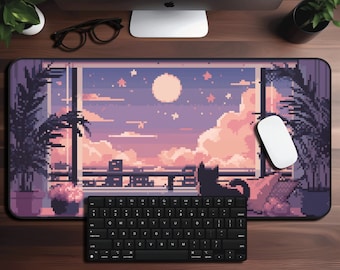 Cute Pixel Art Desk Mat, Xxl Kawaii Mousepad Gift For Cat Lovers, Unique 16bit Aesthetic Desk Cover, Lo-Fi Vibrant Laptop Keyboard Mat