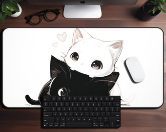 Kawaii Black & White Cat Mousepad, Cute Anime Desk Mat, Premium Xxl Desk Cover, Adorable Gaming Desk Accessory, Extended Keyboard Laptop Mat