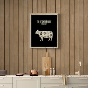 Butcher’s Guide Beef Cuts Diagram Art Print / Cream & Black / Kitchen Cooking Illustration / 6 Aspect Ratios / Digital Download