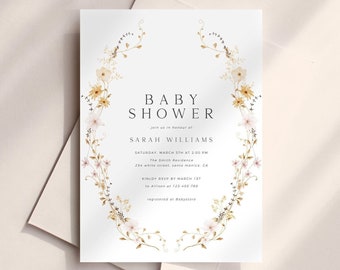 Wildflower Baby Shower Invitation Template, Gender Neutral Baby Shower Invite Template, Editable Baby Shower Invite, Minimal Floral Shower