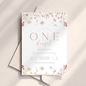 Pink Wildflower 1st Birthday Invitation Template, Wild Flower 1st Birthday Invite, Little Miss Onderful Birthday Invitation, Girls Birthday