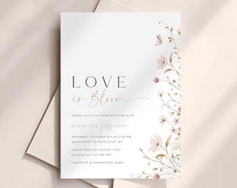 Love In Bloom Bridal Shower Invitation, Pink Wildflower Bridal Shower Invite Template, Delicate Flowers Shower Invite, Floral Bridal Shower