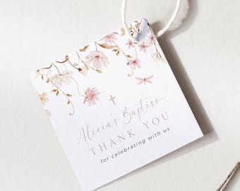 Wildflower Taufe Gunst Tag Vorlage, druckbare Blumen Taufe Gunst Tag, Taufe Dankeschön Tag, Mädchen Taufe Gunst Tag, Altrosa Taufe