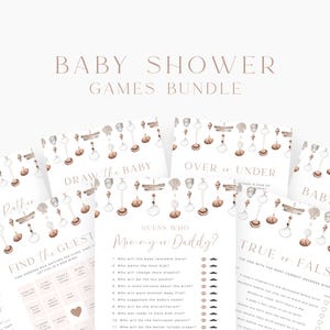 May include: A set of printable baby shower games with a beach theme. The games include "Draw the Baby", "Find the Guest", "She Rather Know", "Over or Under", "Guess Who: Mommy or Daddy?", "True or False", and "Baby Trivia". The games feature a watercolor design with seashells, starfish, and other beach elements.
