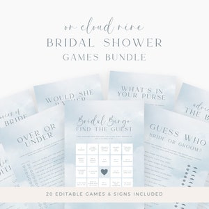 May include: A set of printable bridal shower games with a blue watercolor background. The games include "Bridal Bingo: Find the Guest", "Over or Under", "Guess Who: Bride or Groom?", "What's in Your Purse", "Would She Rather", and "Advice for the Bride".