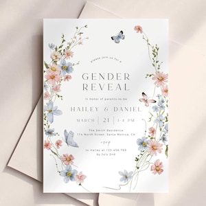 Modèle d'invitation de révélation de sexe de fleurs sauvages, invitation florale de révélation de genre, invitation de révélation de genre de printemps et d'été, annonce de révélation de genre