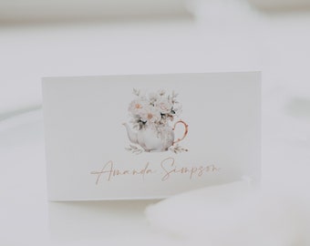 Minimal Tea Party Name Card Template, Printable Tea Party Table Place Cards, Floral Teapot Guests Tag, Escort Card, Tea Party Bridal Shower