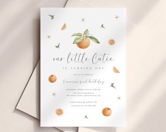 May include: Orange-themed first birthday party invitation with a watercolor illustration of an orange tree with white flowers and a single orange. The text reads "our little cutie is turning one" and includes the date, time, and location of the party.